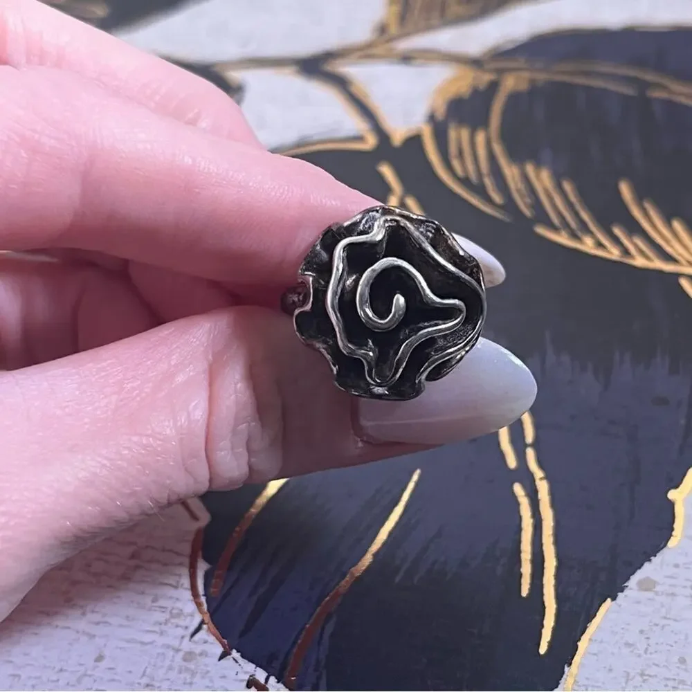 Vintage 925 Sterling Silver Abstract Rose Unique Floral Design Ring